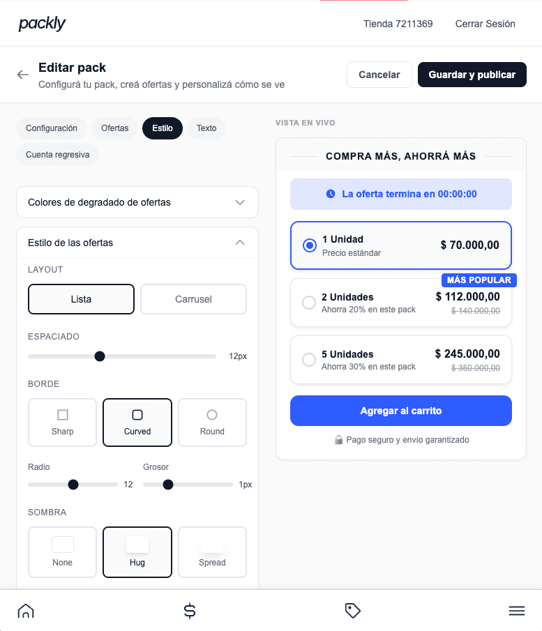 Painel de configuração de descontos no Packly